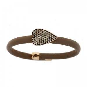 18K Taupe Leather Brown Diamond Heart Bracelet